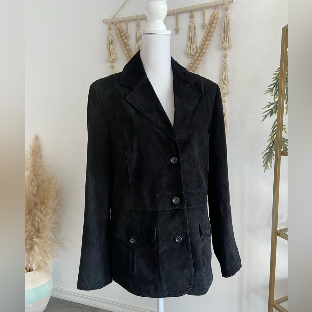 Vintage Liz Claiborne black suede blazer jacket button up classic NYC fashion xl